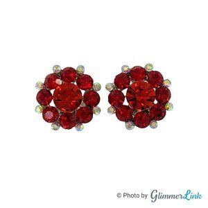Red & Aurora Borealis Rhinestones Floral Silver Tone Clip On Earrings